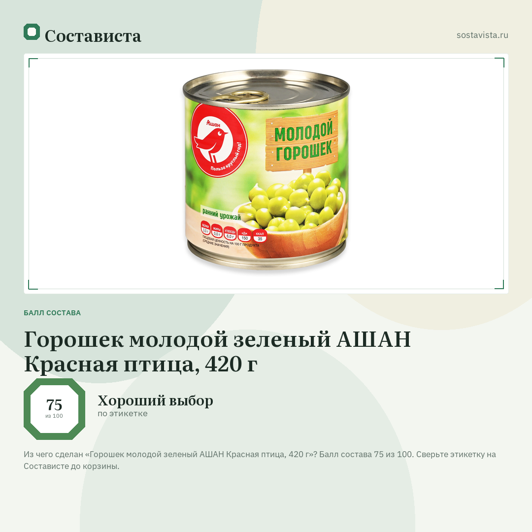 Горошек молодой зеленый АШАН Красная птица, 420 г: балл состава 75 из 100 — Состависта