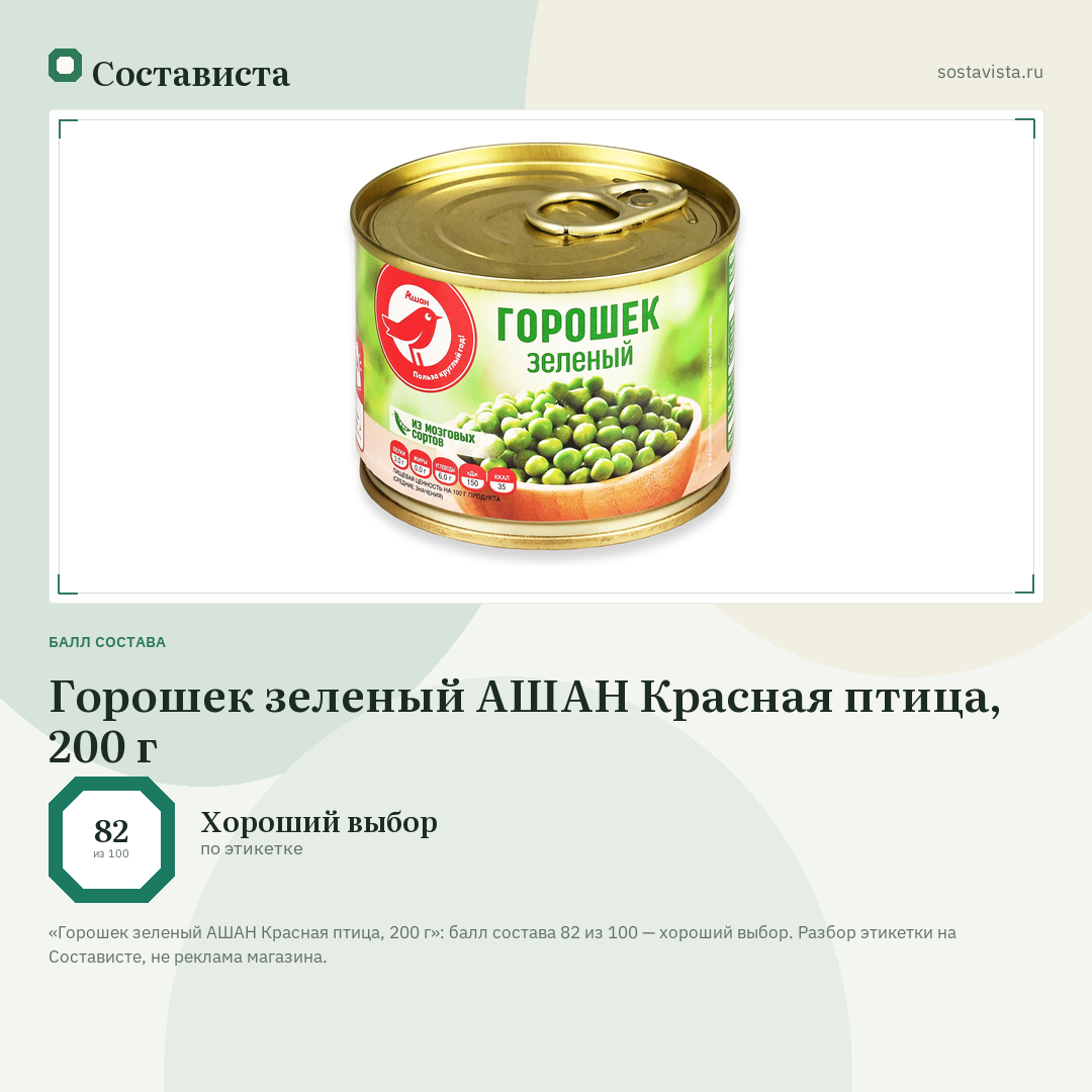 Горошек зеленый АШАН Красная птица, 200 г: балл состава 82 из 100 — Состависта