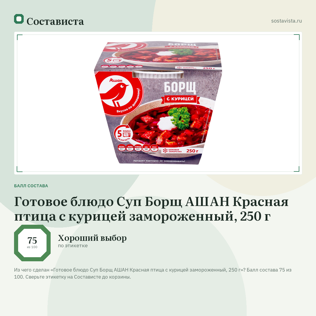 Готовое блюдо Суп Борщ АШАН Красная птица с курицей замороженный, 250 г: балл состава 75 из 100 — Состависта