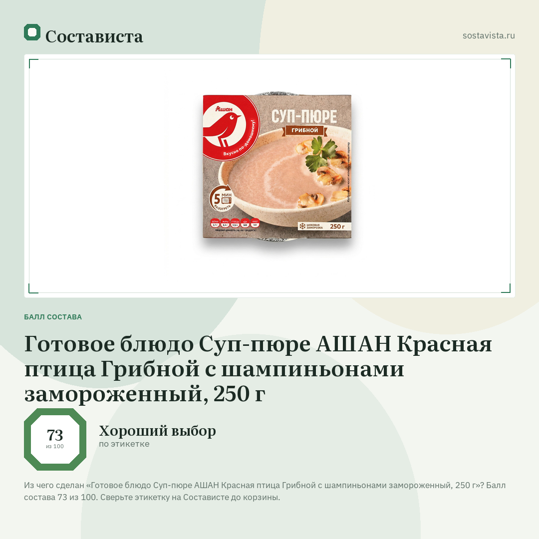 Готовое блюдо Суп-пюре АШАН Красная птица Грибной с шампиньонами замороженный, 250 г: балл состава 73 из 100 — Состависта