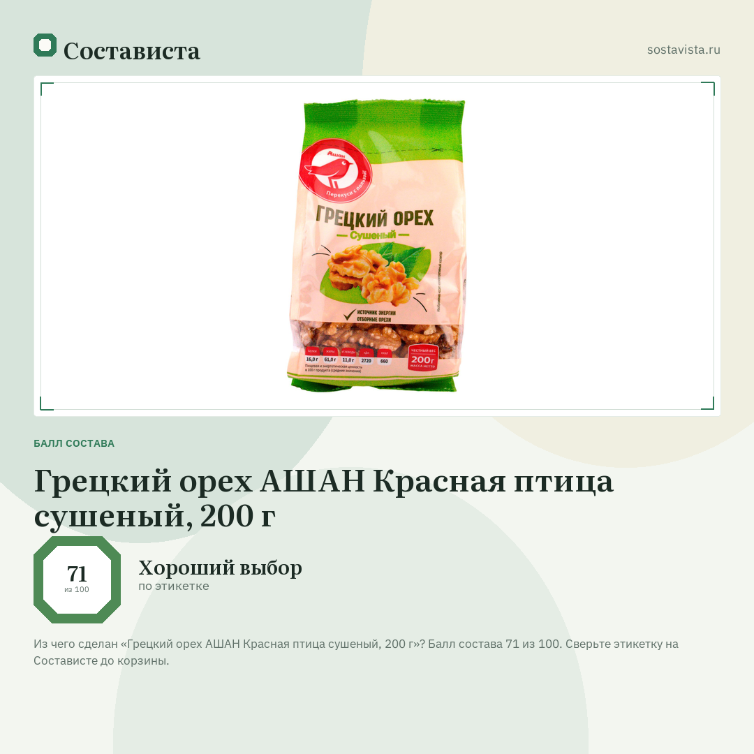 Грецкий орех АШАН Красная птица сушеный, 200 г: балл состава 71 из 100 — Состависта