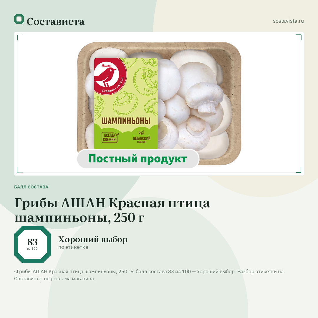 Грибы АШАН Красная птица шампиньоны, 250 г: балл состава 83 из 100 — Состависта