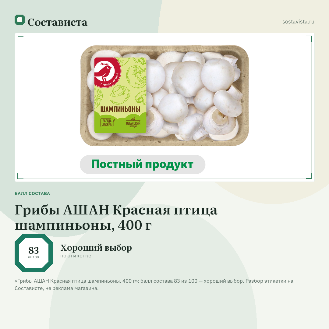 Грибы АШАН Красная птица шампиньоны, 400 г: балл состава 83 из 100 — Состависта