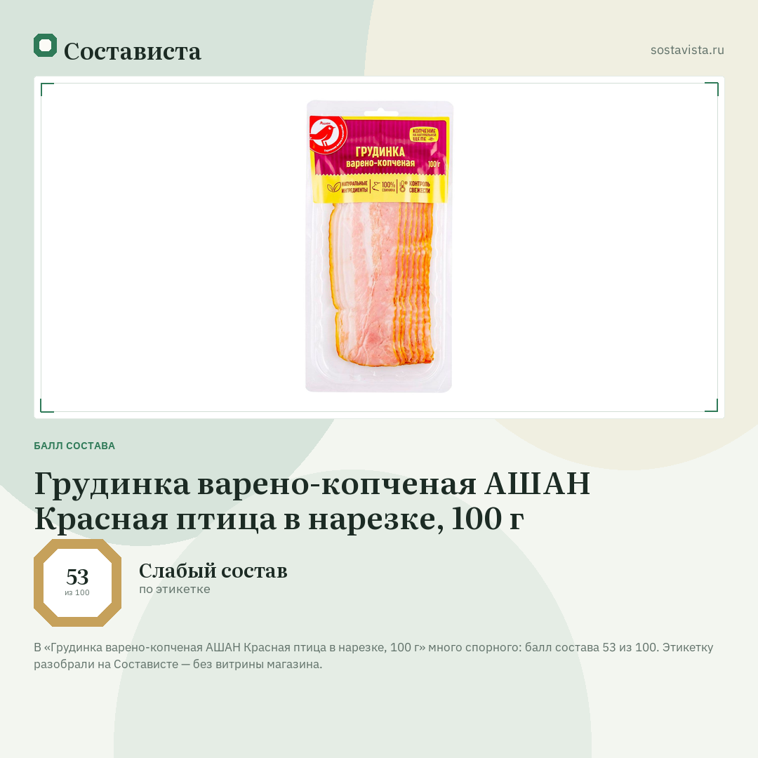 Грудинка варено-копченая АШАН Красная птица в нарезке, 100 г: балл состава 53 из 100 — Состависта