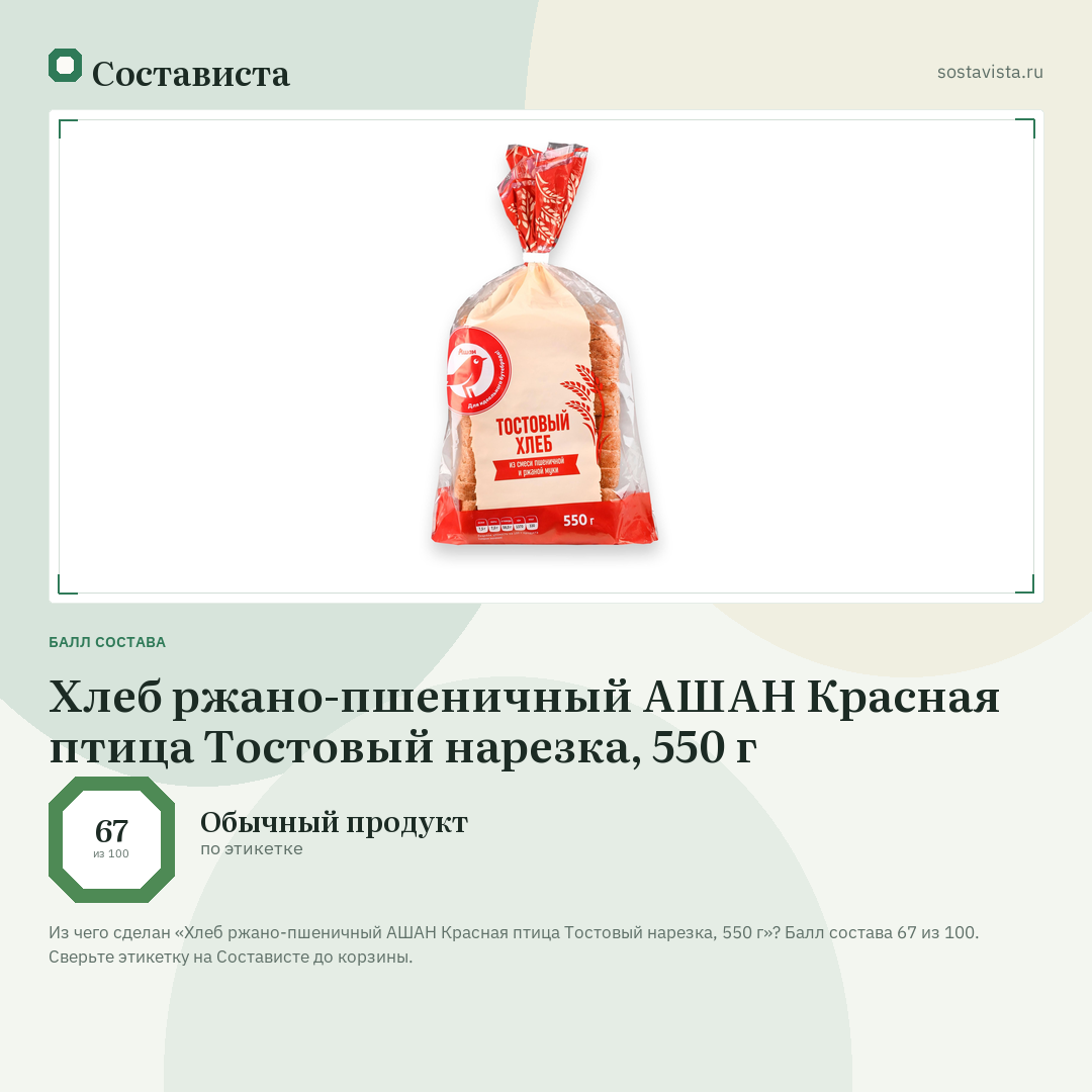 Хлеб ржано-пшеничный АШАН Красная птица Тостовый нарезка, 550 г: балл состава 67 из 100 — Состависта