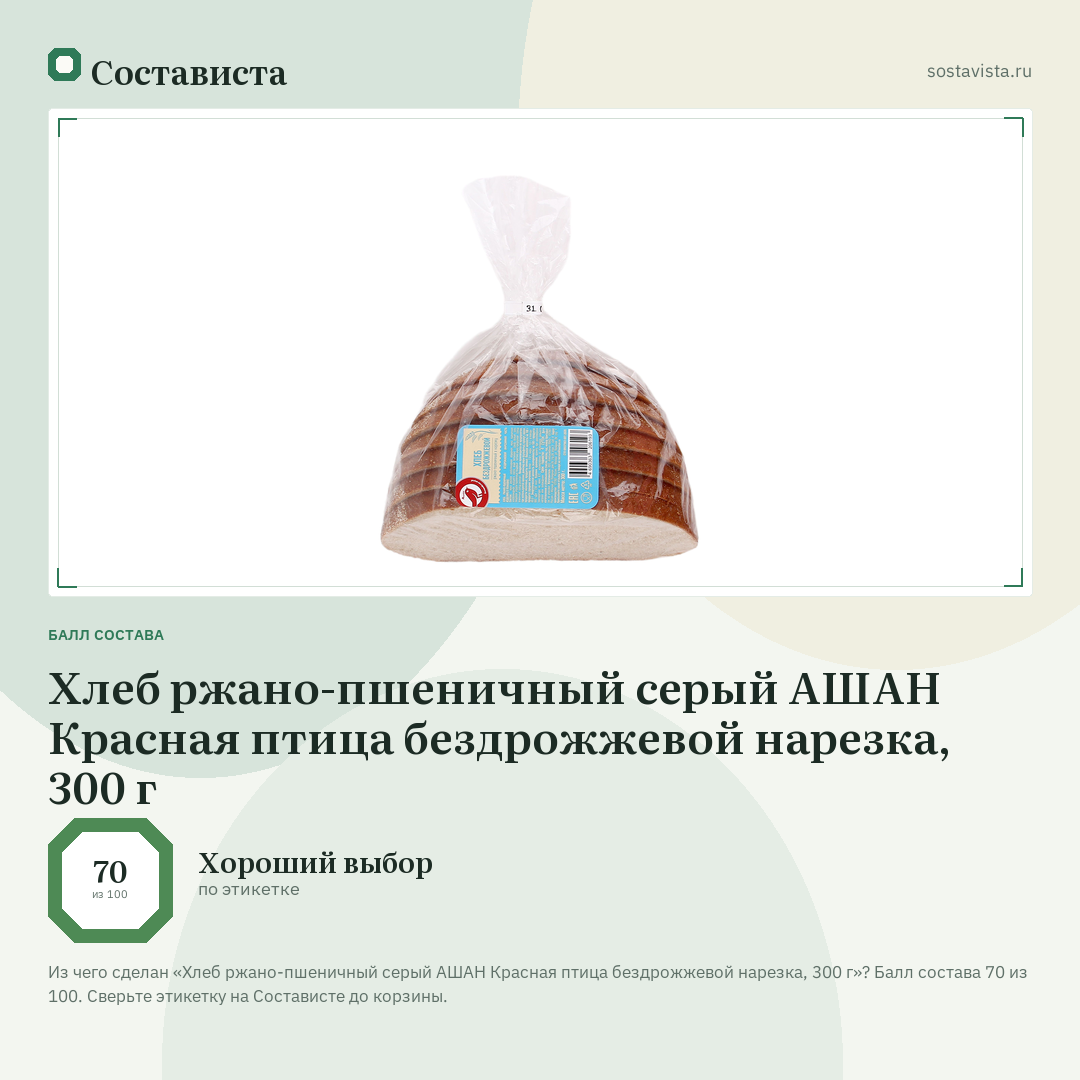 Хлеб ржано-пшеничный серый АШАН Красная птица бездрожжевой нарезка, 300 г: балл состава 70 из 100 — Состависта