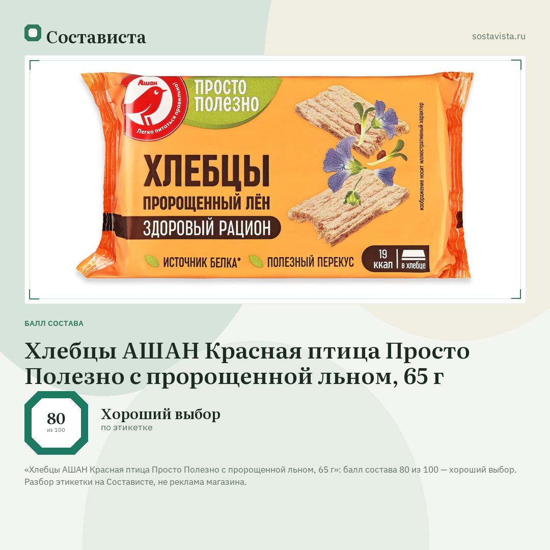 Хлебцы АШАН Красная птица Просто Полезно с пророщенной льном, 65 г: балл состава 80 из 100 — Состависта