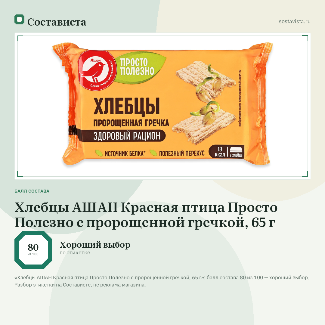 Хлебцы АШАН Красная птица Просто Полезно с пророщенной гречкой, 65 г: балл состава 80 из 100 — Состависта