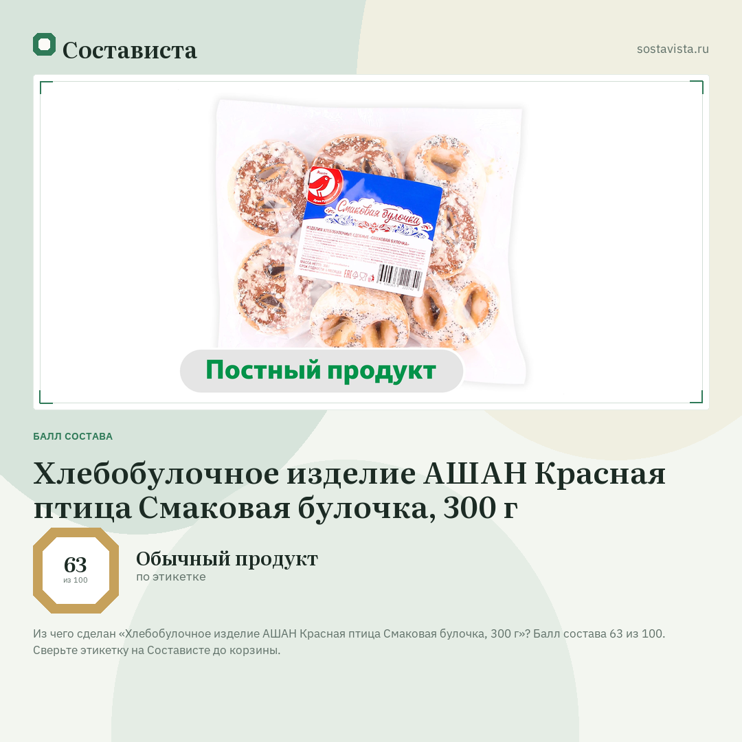 Хлебобулочное изделие АШАН Красная птица Смаковая булочка, 300 г: балл состава 63 из 100 — Состависта