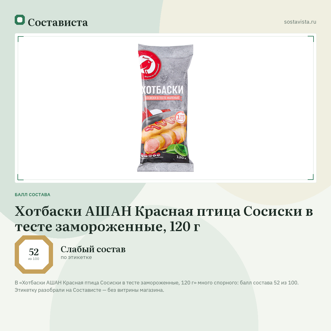 Хотбаски АШАН Красная птица Сосиски в тесте замороженные, 120 г: балл состава 52 из 100 — Состависта