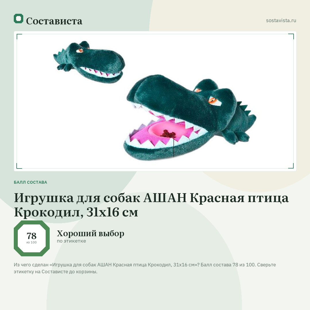 Игрушка для собак АШАН Красная птица Крокодил, 31х16 см: балл состава 78 из 100 — Состависта
