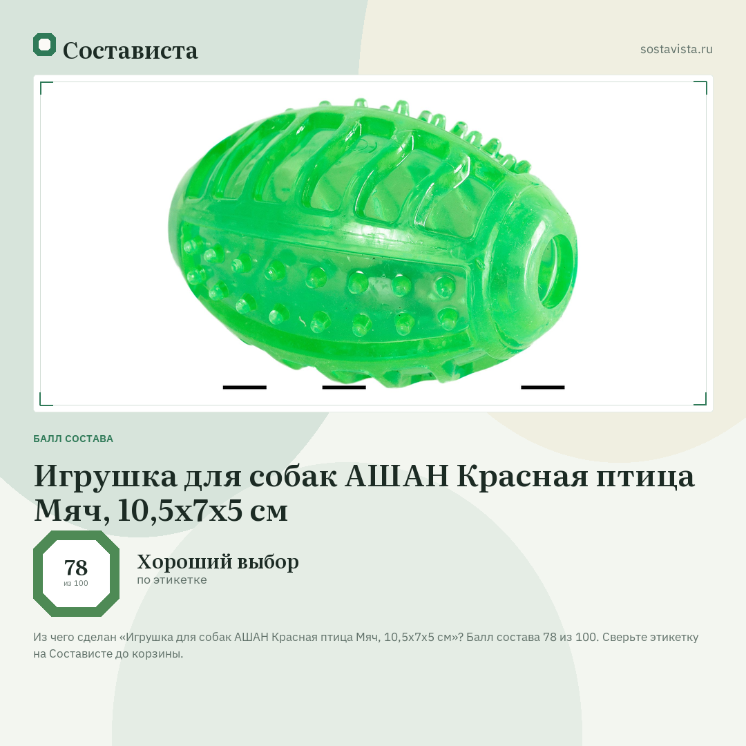 Игрушка для собак АШАН Красная птица Мяч, 10,5х7х5 см: балл состава 78 из 100 — Состависта
