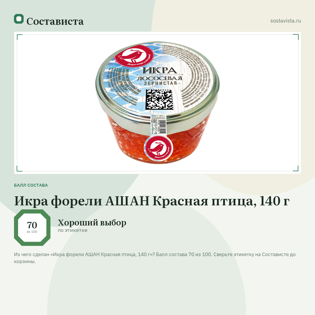Икра форели АШАН Красная птица, 140 г: балл состава 70 из 100 — Состависта