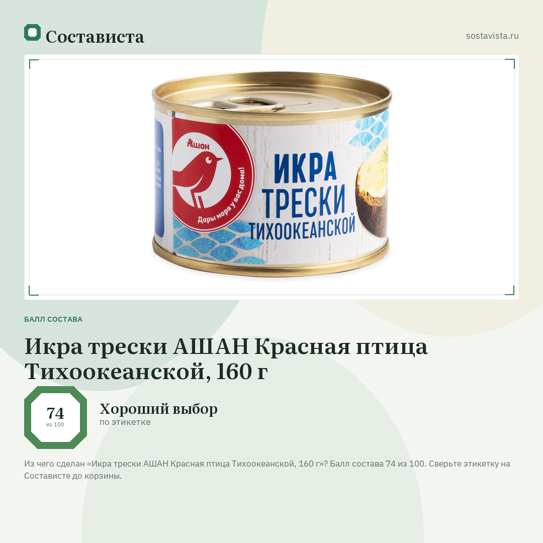 Икра трески АШАН Красная птица Тихоокеанской, 160 г: балл состава 74 из 100 — Состависта