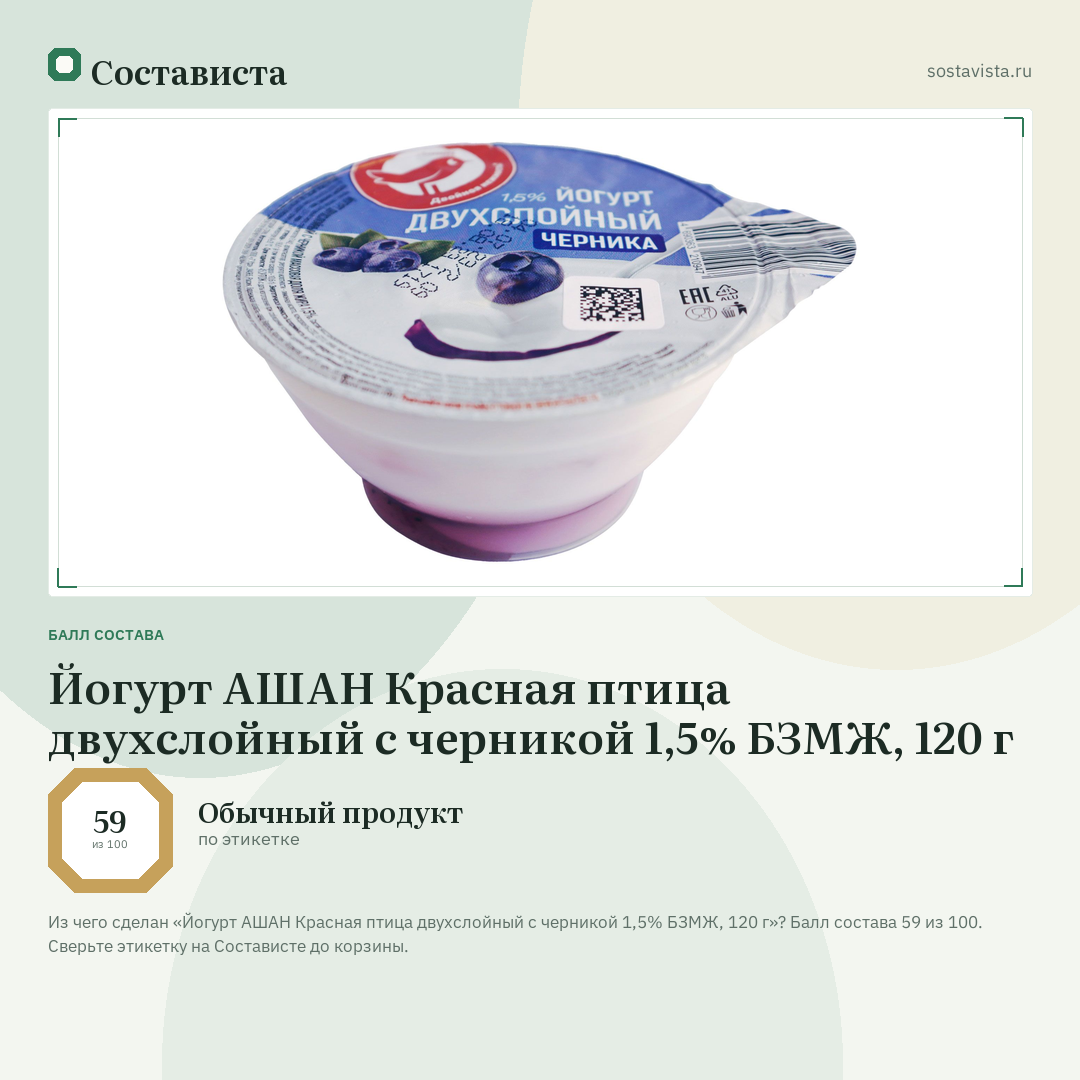 Йогурт АШАН Красная птица двухслойный с черникой 1,5% БЗМЖ, 120 г: балл состава 59 из 100 — Состависта