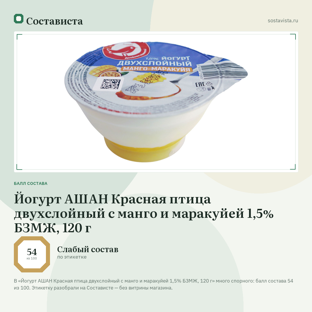 Йогурт АШАН Красная птица двухслойный с манго и маракуйей 1,5% БЗМЖ, 120 г: балл состава 54 из 100 — Состависта