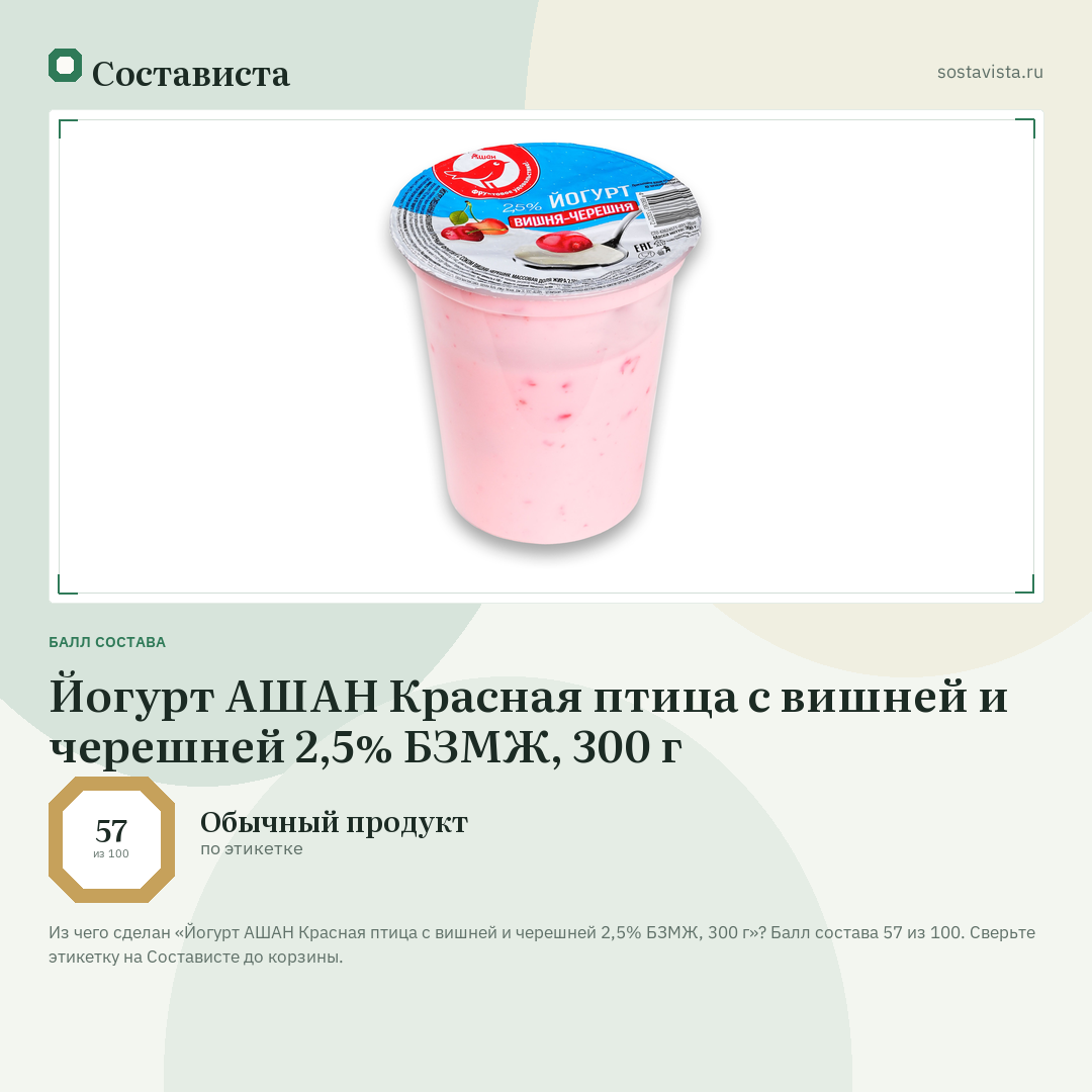 Йогурт АШАН Красная птица с вишней и черешней 2,5% БЗМЖ, 300 г: балл состава 57 из 100 — Состависта