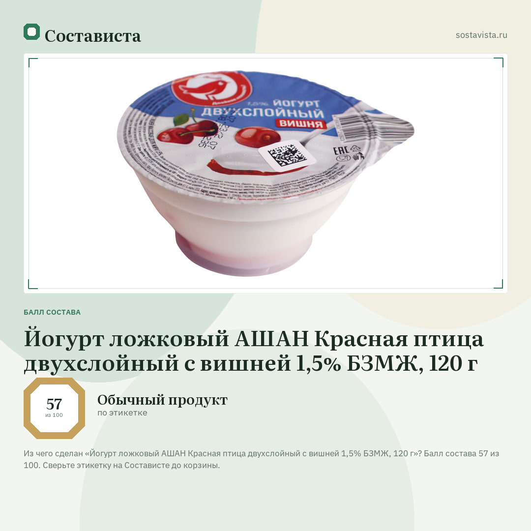 Йогурт ложковый АШАН Красная птица двухслойный с вишней 1,5% БЗМЖ, 120 г: балл состава 57 из 100 — Состависта