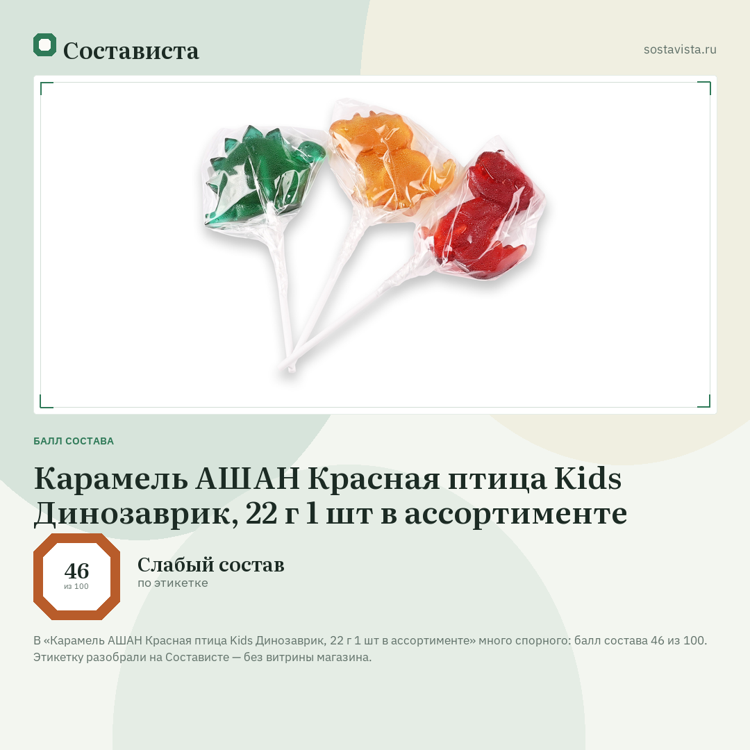 Карамель АШАН Красная птица Kids Динозаврик, 22 г 1 шт в ассортименте: балл состава 46 из 100 — Состависта