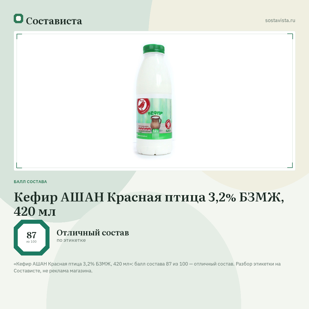 Кефир АШАН Красная птица 3,2% БЗМЖ, 420 мл: балл состава 87 из 100 — Состависта