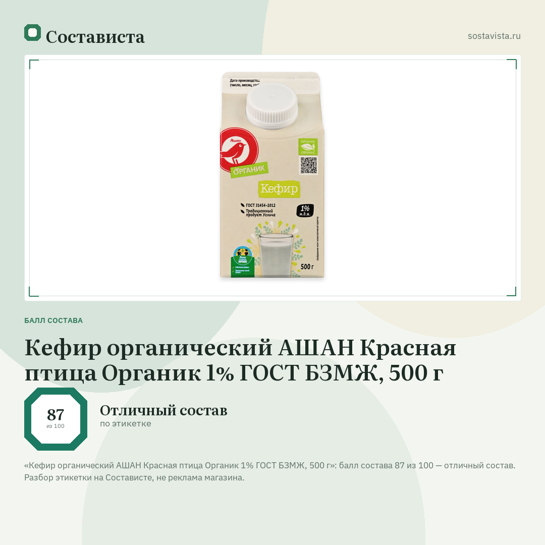 Кефир органический АШАН Красная птица Органик 1% ГОСТ БЗМЖ, 500 г: балл состава 87 из 100 — Состависта