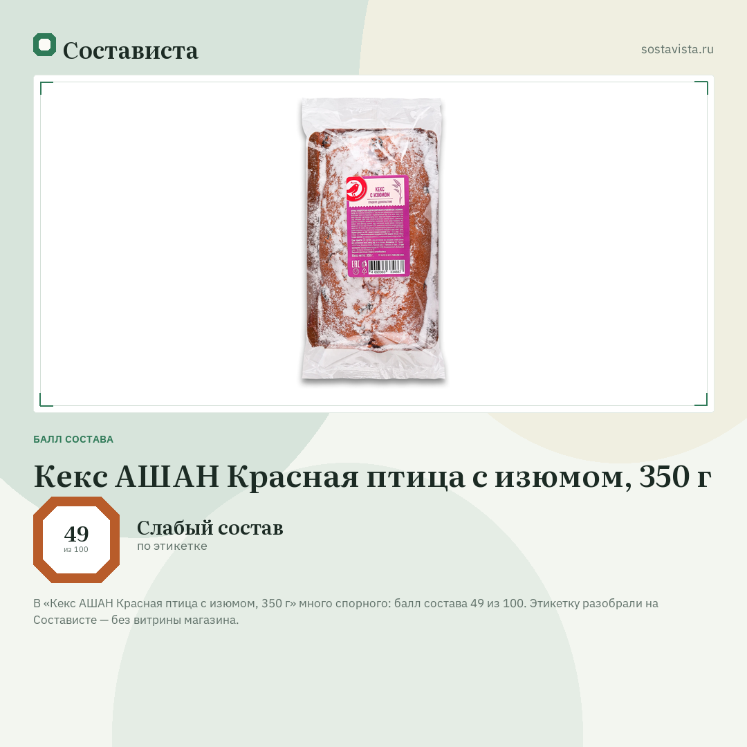 Кекс АШАН Красная птица с изюмом, 350 г: балл состава 49 из 100 — Состависта