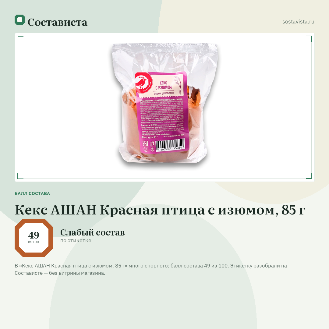 Кекс АШАН Красная птица с изюмом, 85 г: балл состава 49 из 100 — Состависта