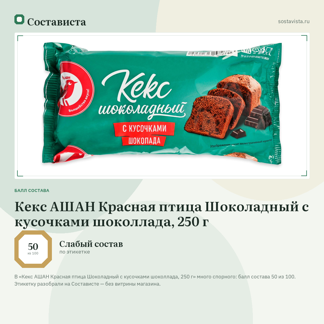 Кекс АШАН Красная птица Шоколадный с кусочками шоколлада, 250 г: балл состава 50 из 100 — Состависта