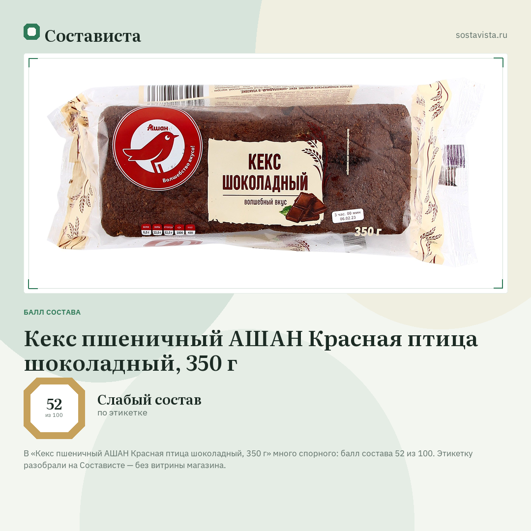 Кекс пшеничный АШАН Красная птица шоколадный, 350 г: балл состава 52 из 100 — Состависта