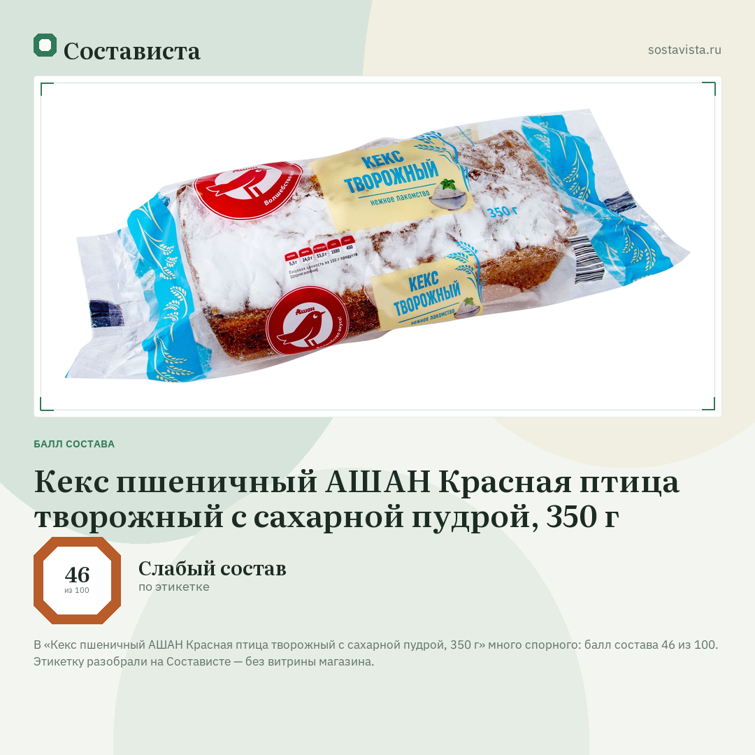 Кекс пшеничный АШАН Красная птица творожный с сахарной пудрой, 350 г: балл состава 46 из 100 — Состависта