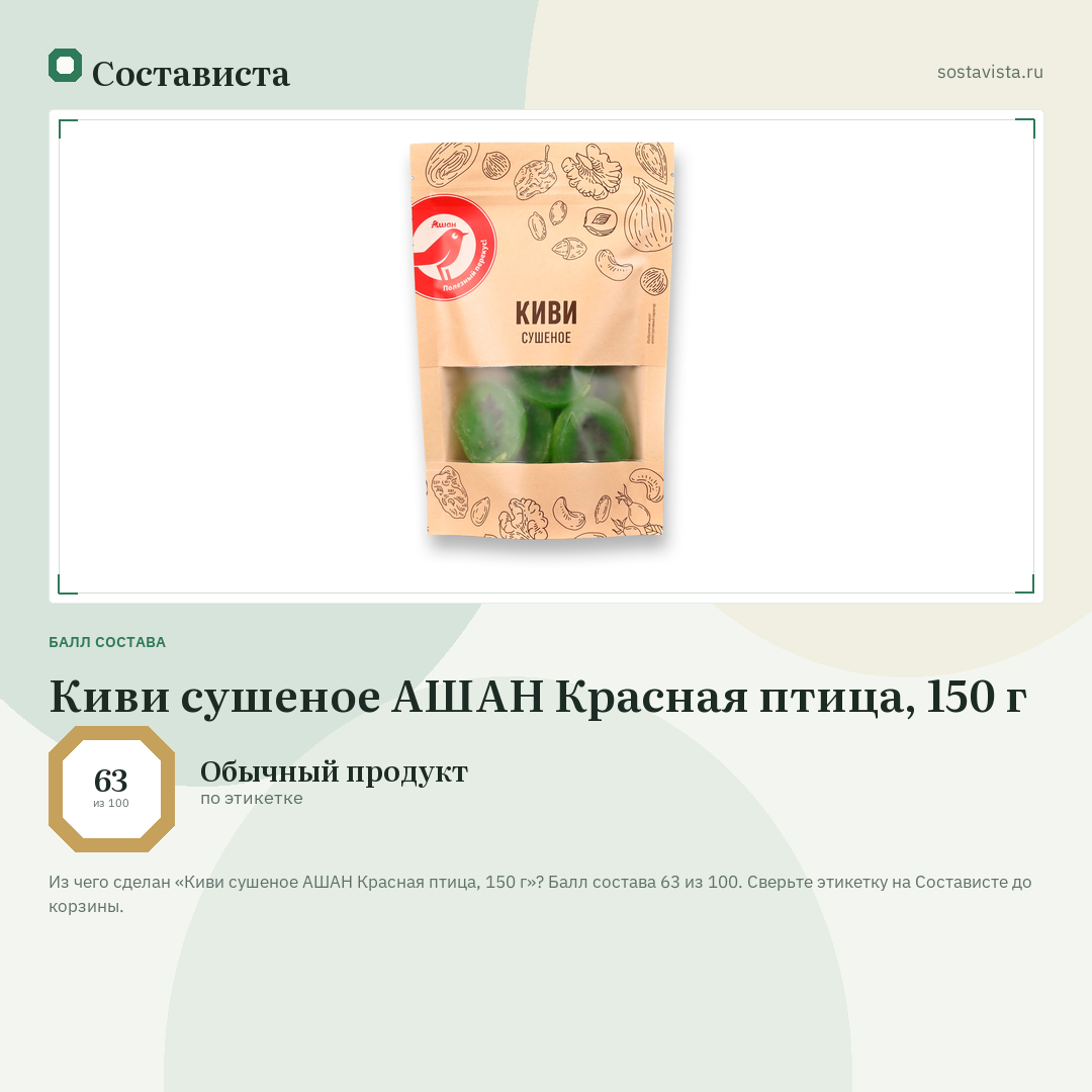 Киви сушеное АШАН Красная птица, 150 г: балл состава 63 из 100 — Состависта