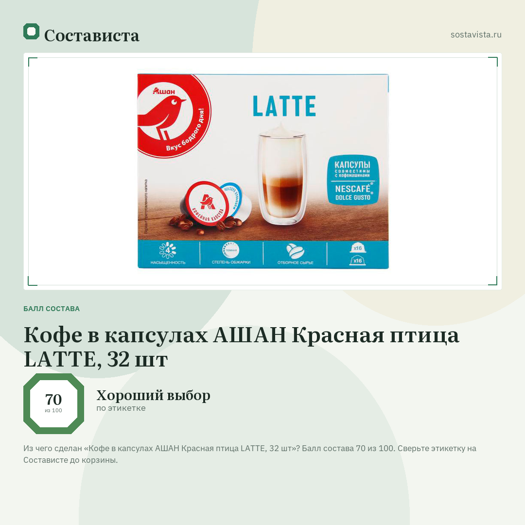 Кофе в капсулах АШАН Красная птица LATTE, 32 шт: балл состава 70 из 100 — Состависта