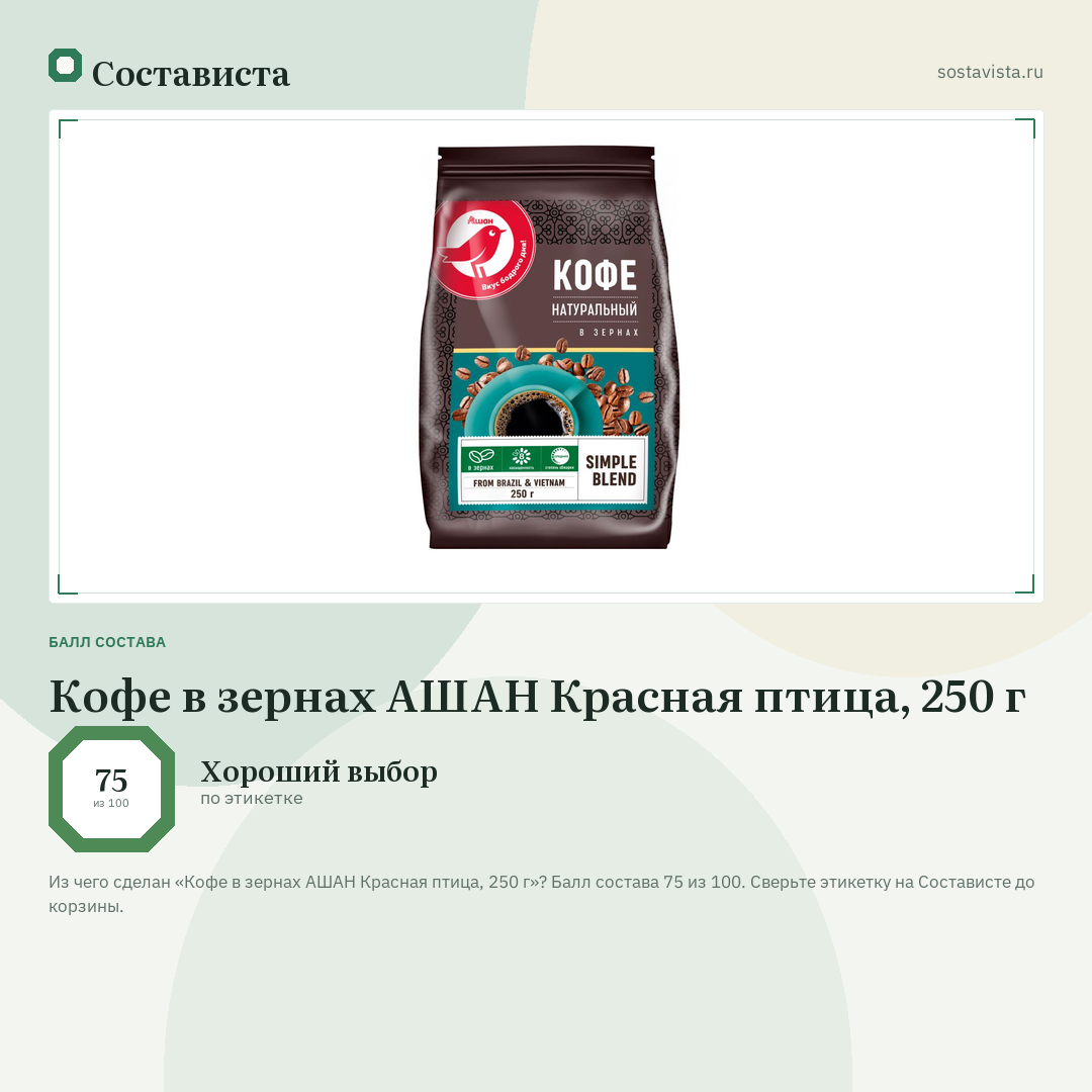 Кофе в зернах АШАН Красная птица, 250 г: балл состава 75 из 100 — Состависта
