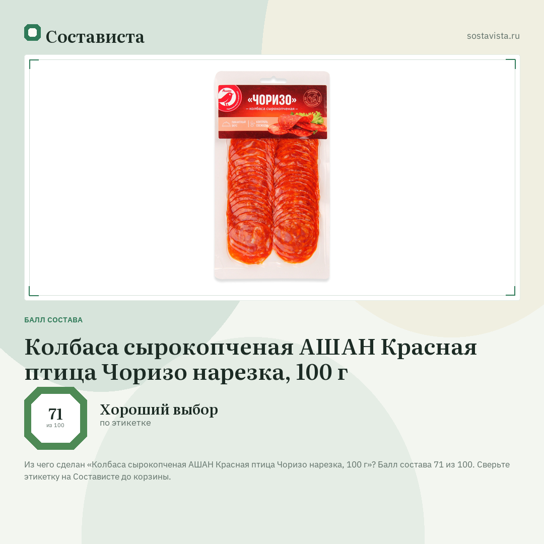 Колбаса сырокопченая АШАН Красная птица Чоризо нарезка, 100 г: балл состава 71 из 100 — Состависта