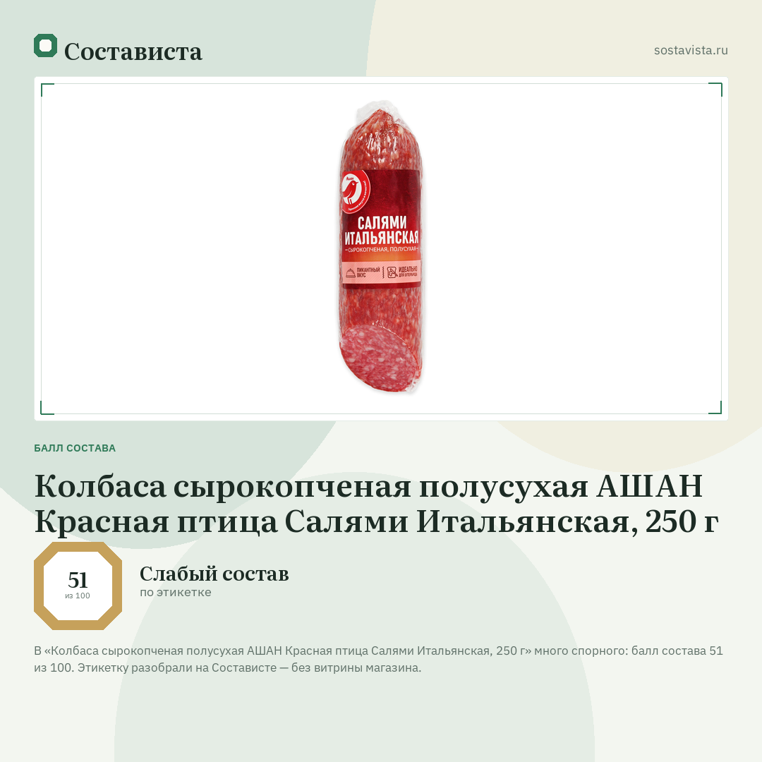 Колбаса сырокопченая полусухая АШАН Красная птица Салями Итальянская, 250 г: балл состава 51 из 100 — Состависта