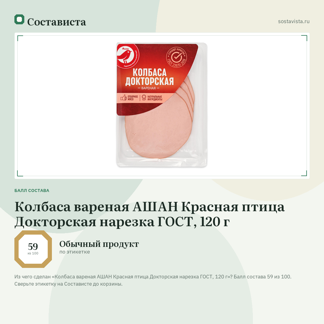 Колбаса вареная АШАН Красная птица Докторская нарезка ГОСТ, 120 г: балл состава 59 из 100 — Состависта
