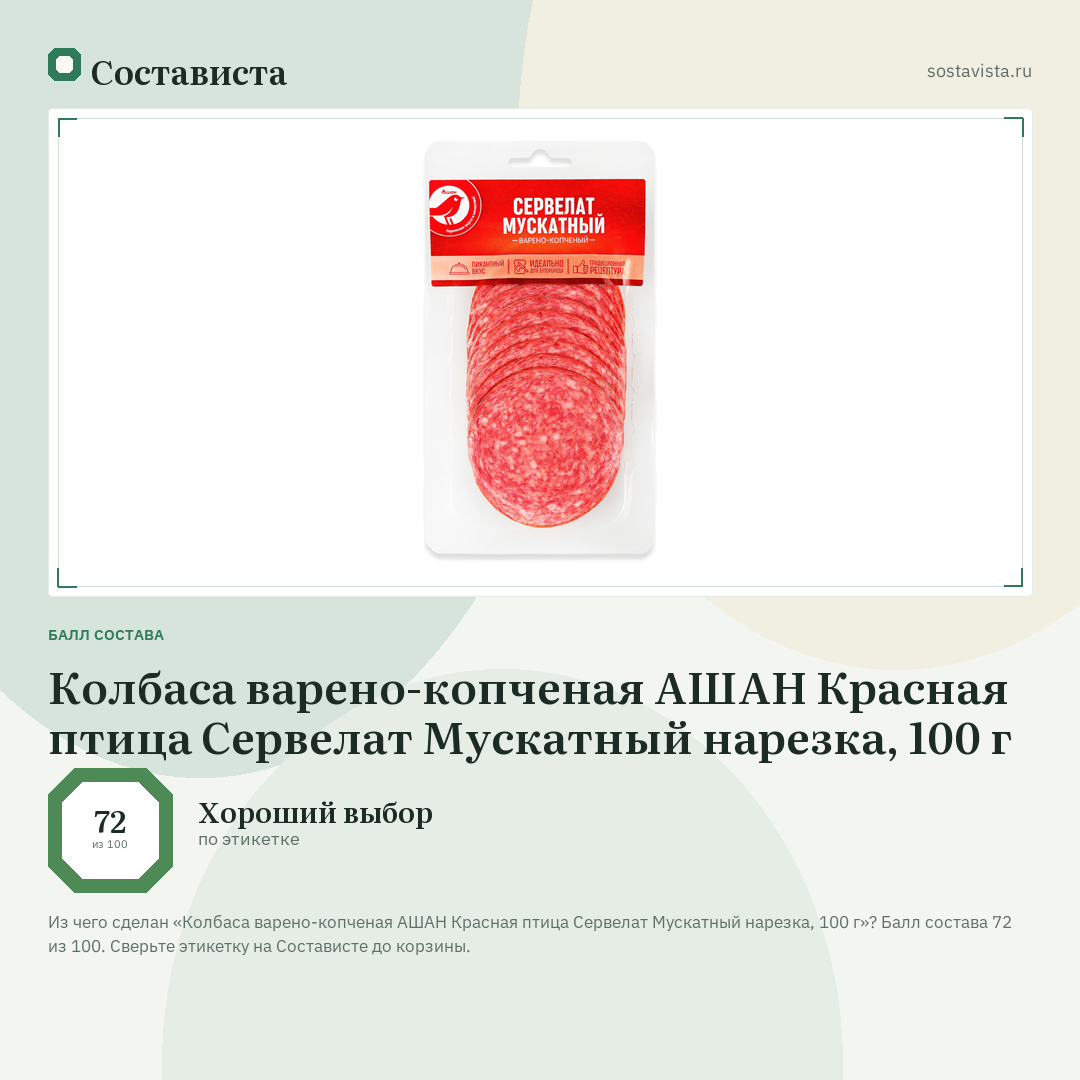 Колбаса варено-копченая АШАН Красная птица Сервелат Мускатный нарезка, 100 г: балл состава 72 из 100 — Состависта