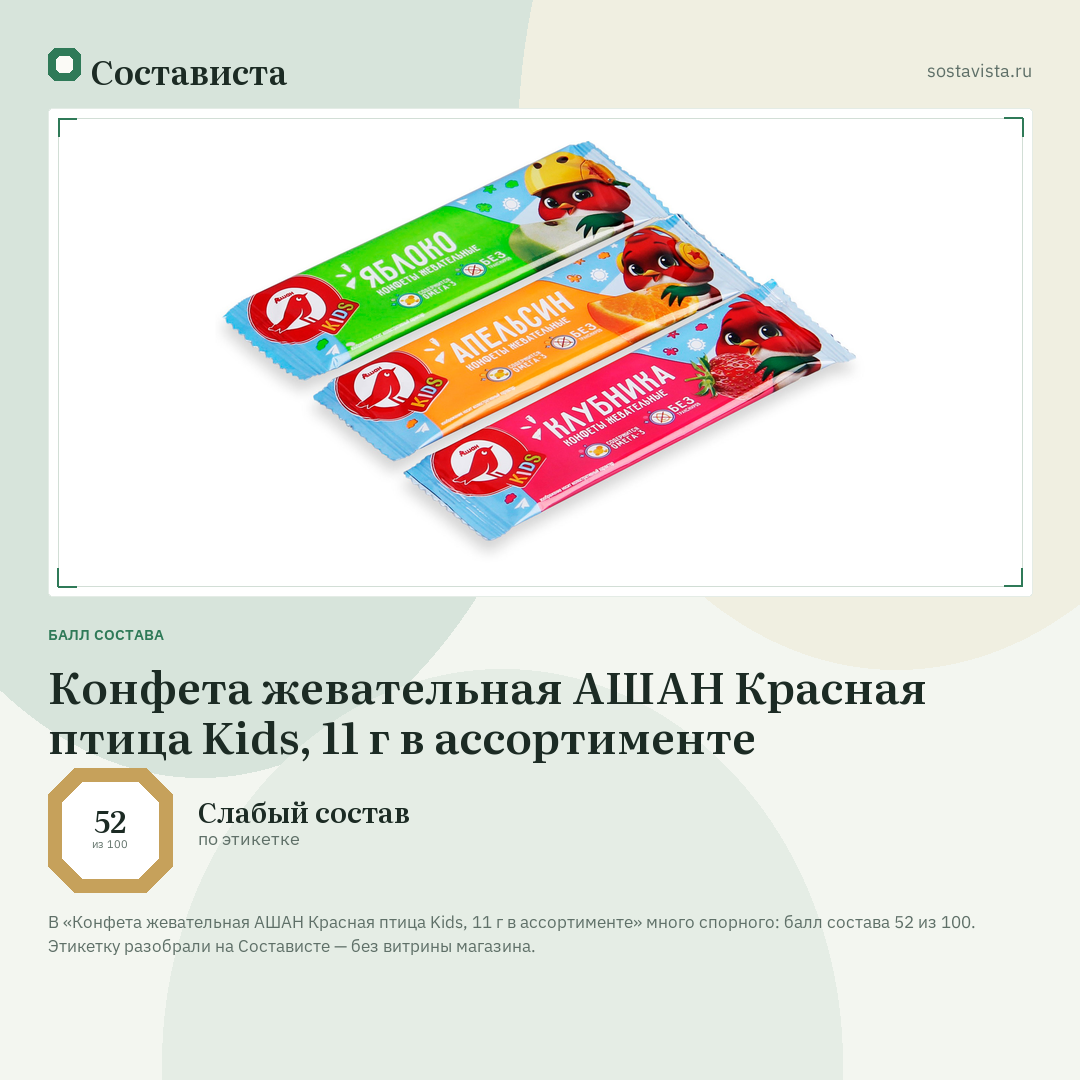 Конфета жевательная АШАН Красная птица Kids, 11 г в ассортименте: балл состава 52 из 100 — Состависта