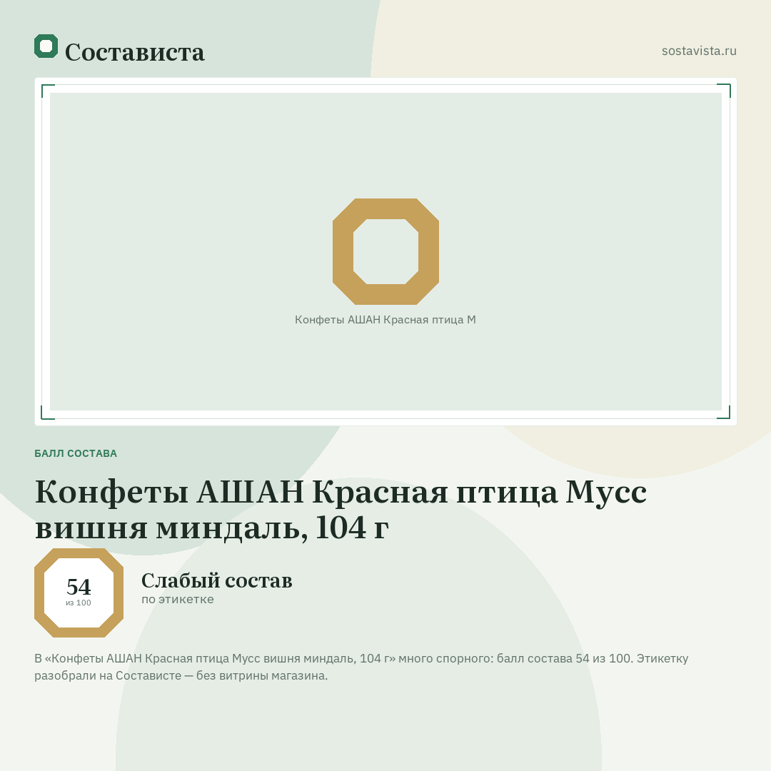 Конфеты АШАН Красная птица Мусс вишня миндаль, 104 г: балл состава 54 из 100 — Состависта