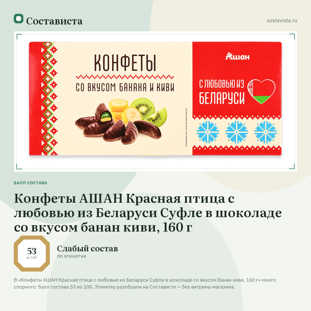 Конфеты АШАН Красная птица с любовью из Беларуси Суфле в шоколаде со вкусом банан киви, 160 г: балл состава 53 из 100 — Состависта