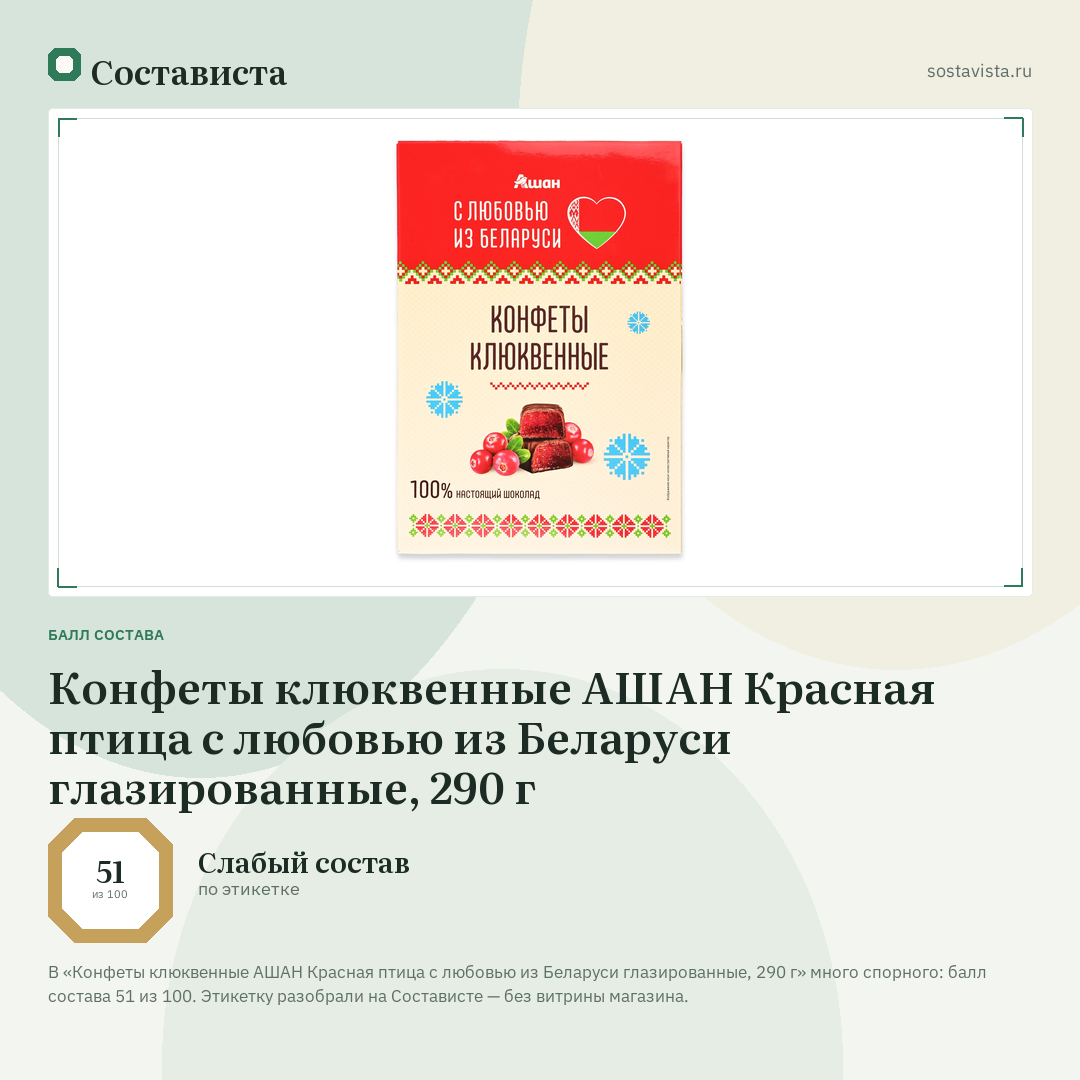 Конфеты клюквенные АШАН Красная птица с любовью из Беларуси глазированные, 290 г: балл состава 51 из 100 — Состависта