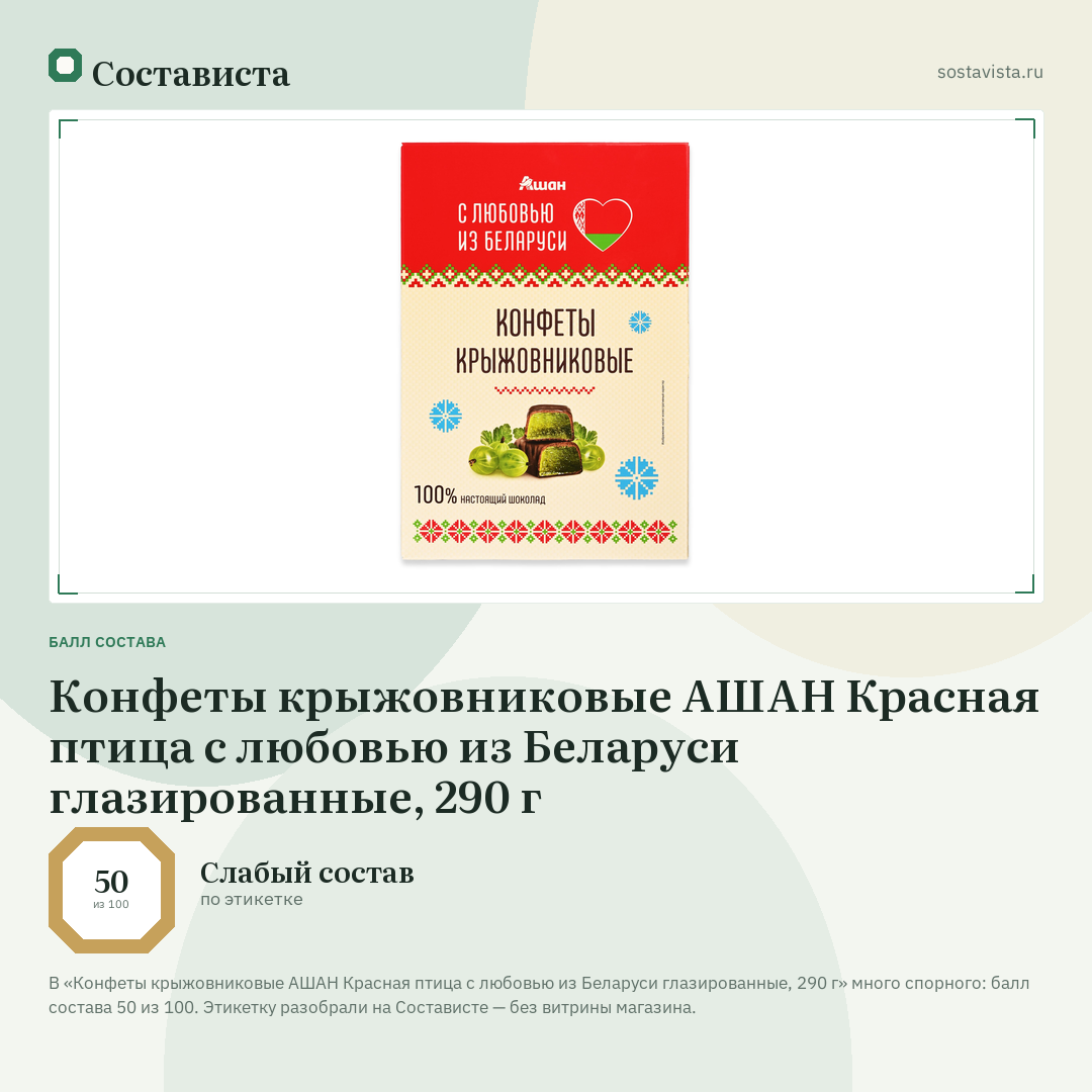 Конфеты крыжовниковые АШАН Красная птица с любовью из Беларуси глазированные, 290 г: балл состава 50 из 100 — Состависта