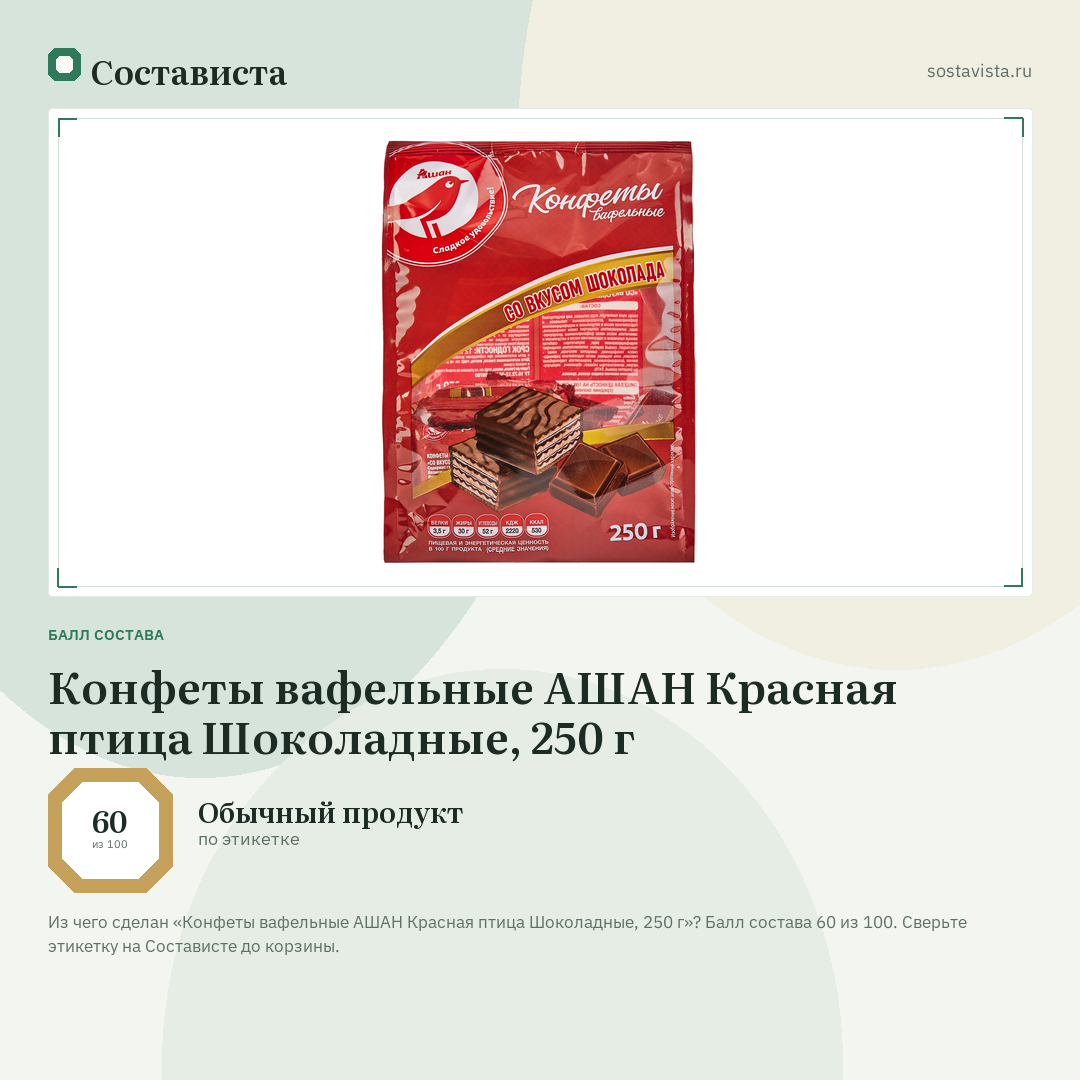 Конфеты вафельные АШАН Красная птица Шоколадные, 250 г: балл состава 60 из 100 — Состависта