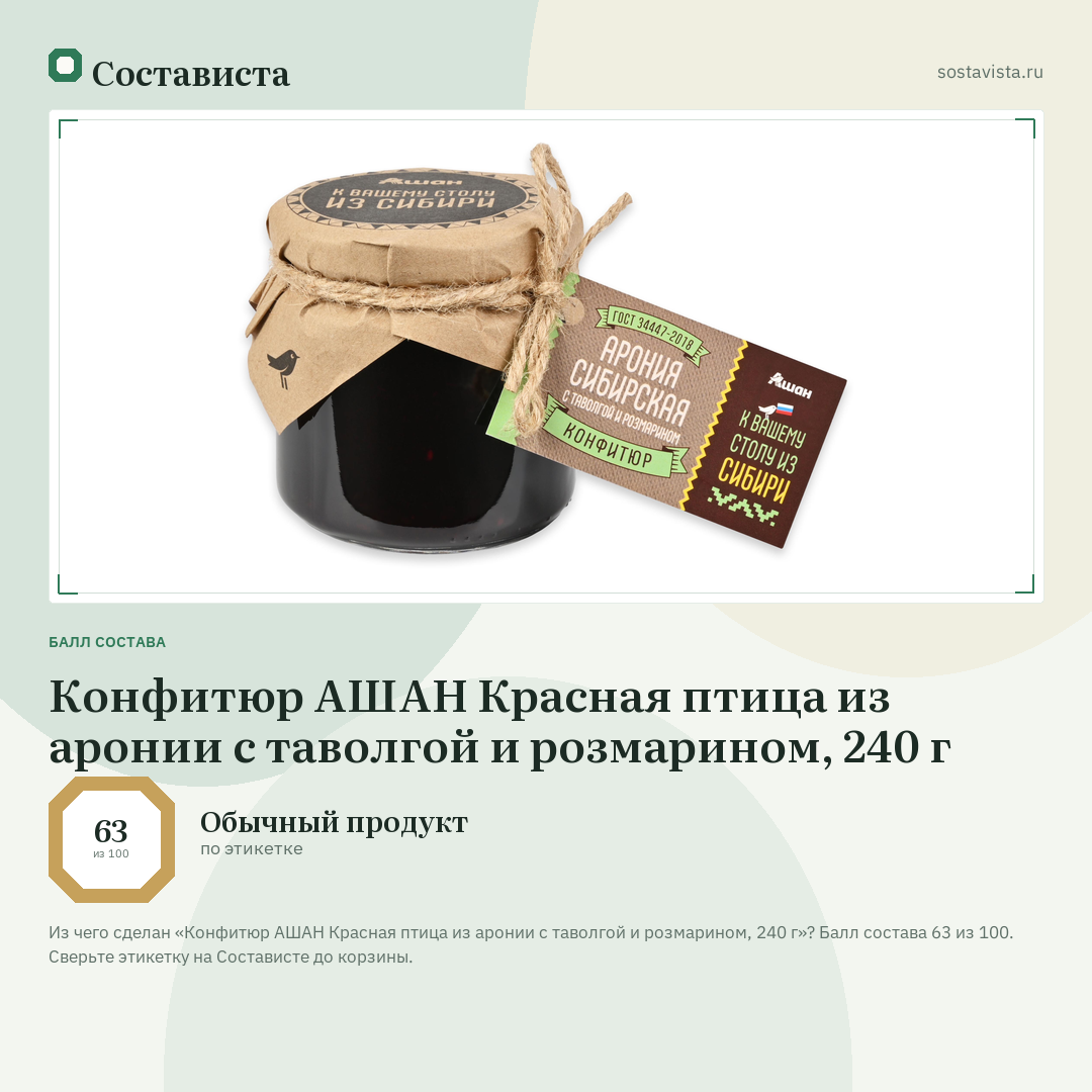 Конфитюр АШАН Красная птица из аронии с таволгой и розмарином, 240 г: балл состава 63 из 100 — Состависта