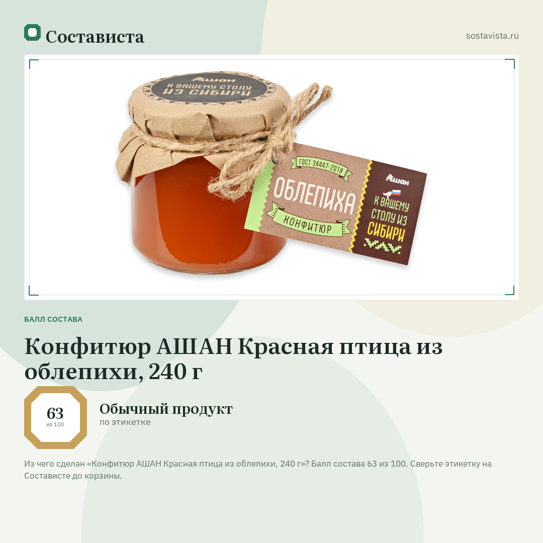 Конфитюр АШАН Красная птица из облепихи, 240 г: балл состава 63 из 100 — Состависта