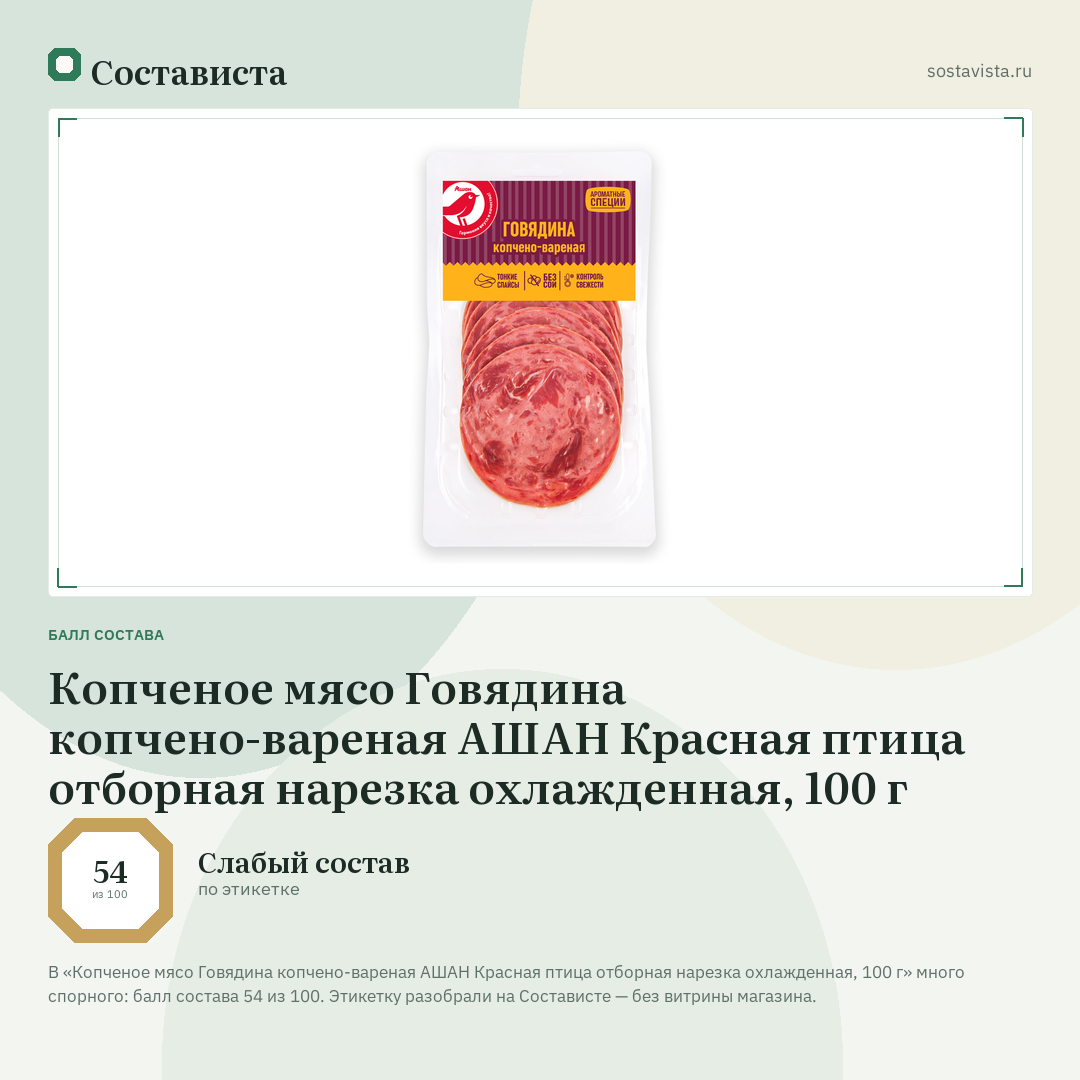 Копченое мясо Говядина копчено-вареная АШАН Красная птица отборная нарезка охлажденная, 100 г: балл состава 54 из 100 — Состависта