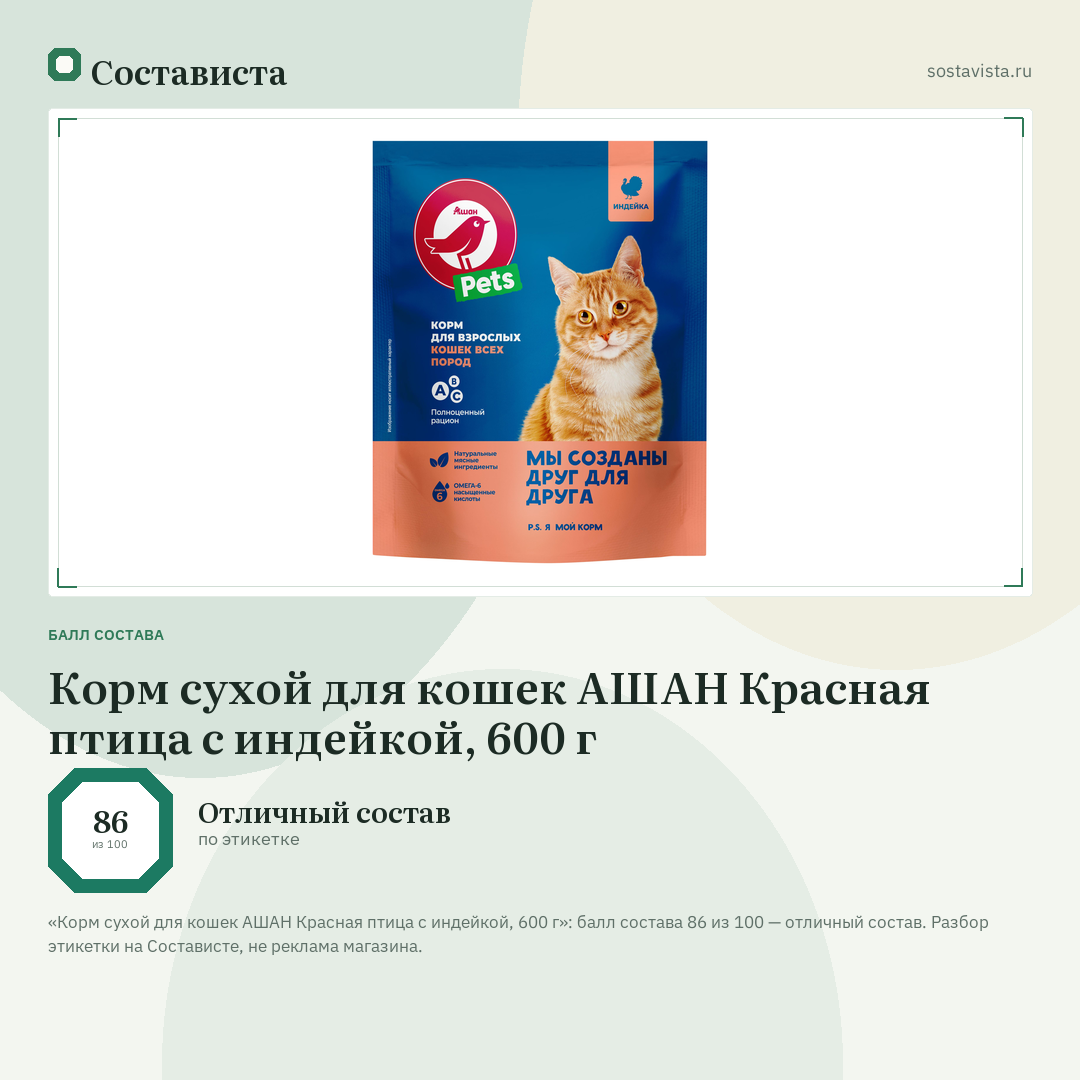 Корм сухой для кошек АШАН Красная птица с индейкой, 600 г: балл состава 86 из 100 — Состависта