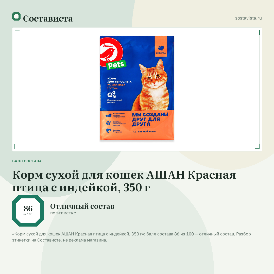 Корм сухой для кошек АШАН Красная птица с индейкой, 350 г: балл состава 86 из 100 — Состависта