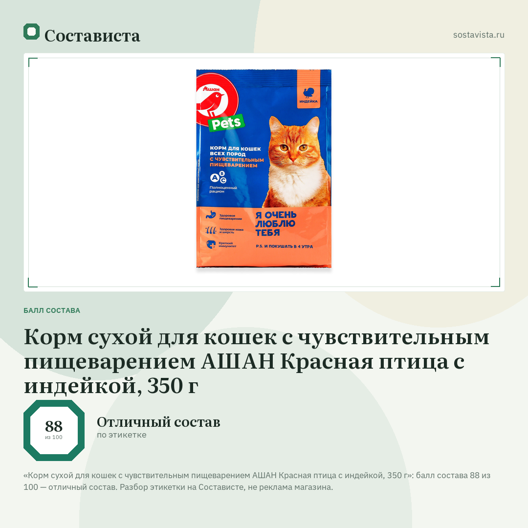 Корм сухой для кошек с чувствительным пищеварением АШАН Красная птица с индейкой, 350 г: балл состава 88 из 100 — Состависта