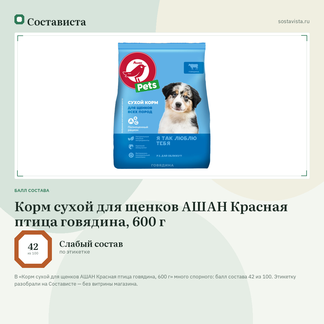Корм сухой для щенков АШАН Красная птица говядина, 600 г: балл состава 42 из 100 — Состависта